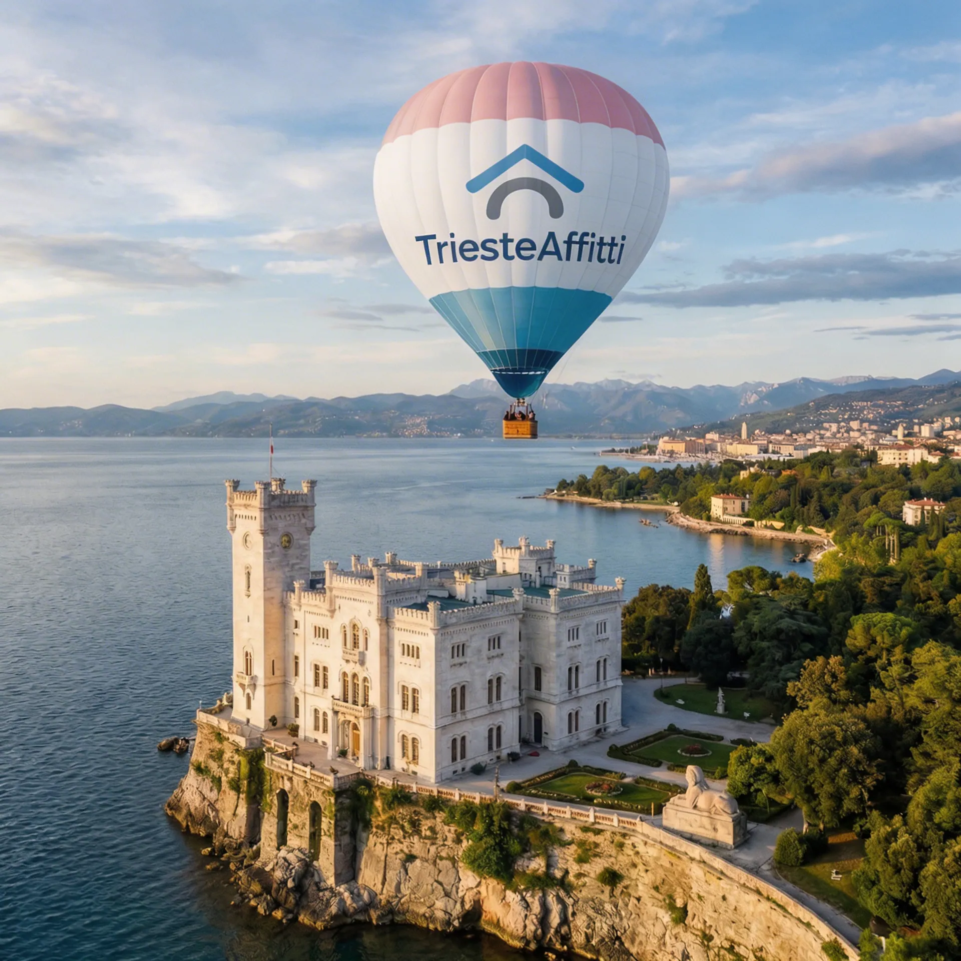 Ilustracija, ustvarjena z umetno inteligenco: balon na vroč zrak z logotipom TriesteAffitti nad gradom Miramar in Tržaškim zalivom